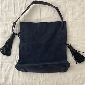 All Saints Navy Suede Shoulder Bag Black Tassel Accents- Like New